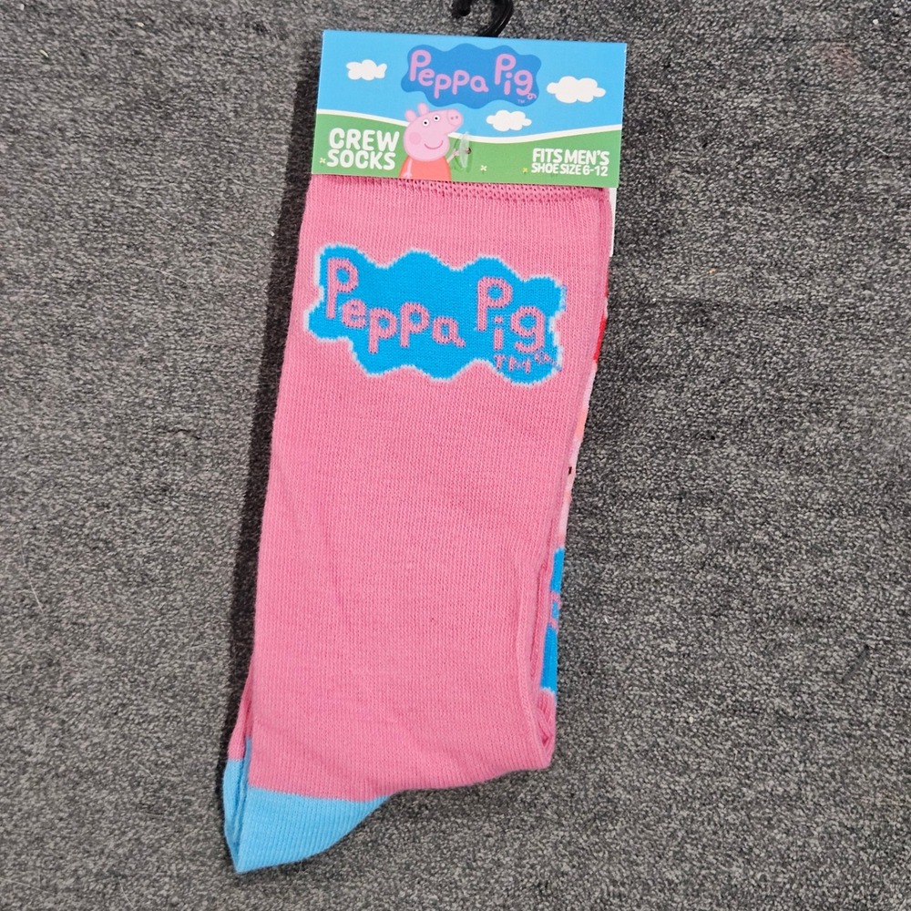NEW Peppa Pig Pink‎ Crew Socks Mens Shoe Size 6-12 Graphic Logo Novelty